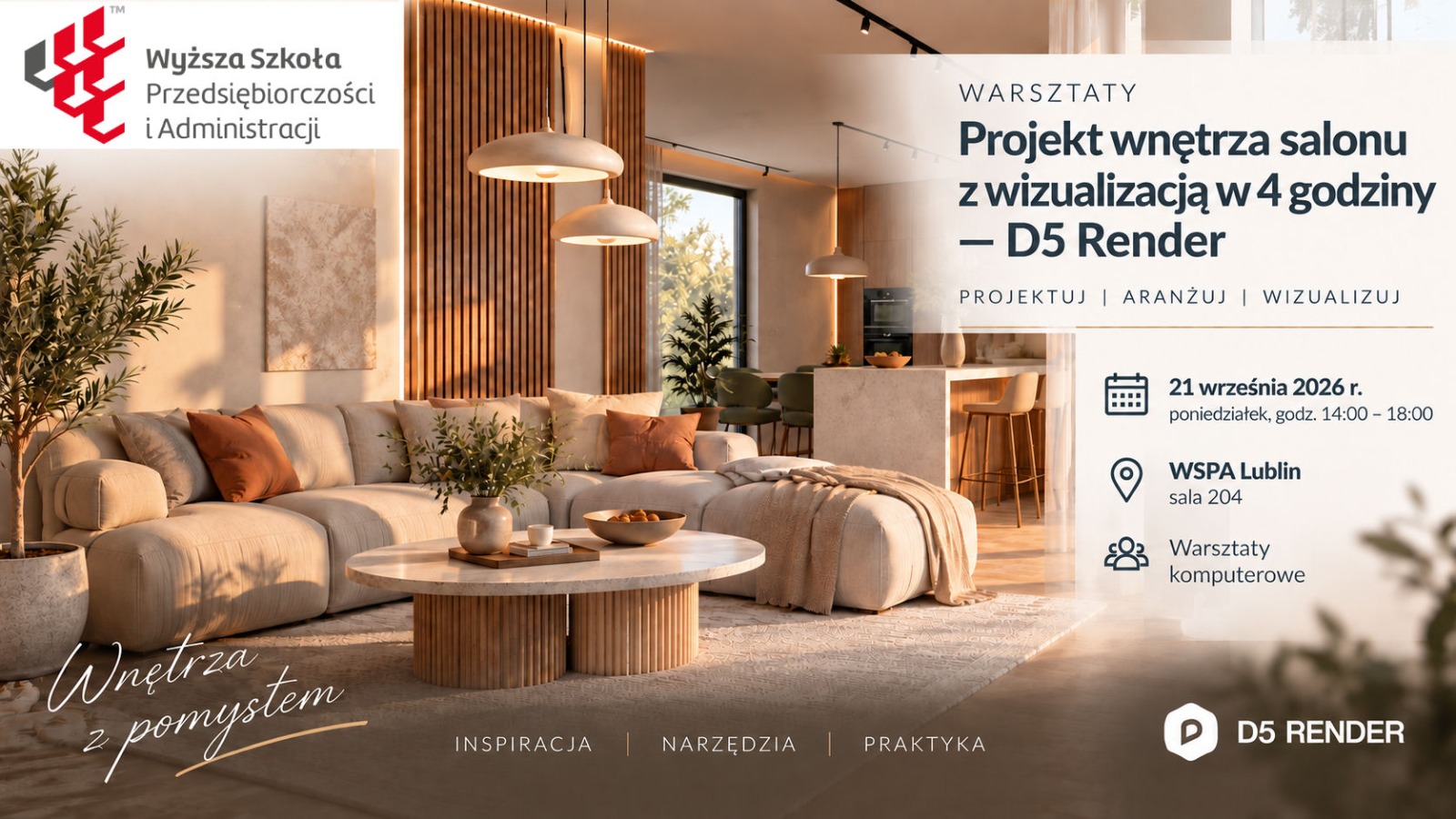 Projekt wnętrza salonu z wizualizacją w 4 godziny – warsztaty D5 Render